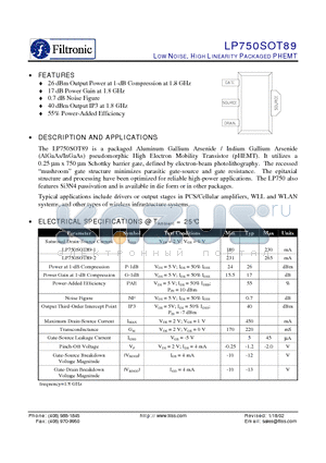 LP750SOT89 datasheet - LOW NOISE, HIGH LINEARITY PACKAGED PHEMT