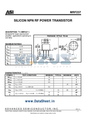 MRF237 datasheet - SILICON NPN RF POWER TRANSISTOR