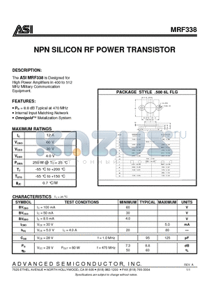 MRF338 datasheet - NPN SILICON RF POWER TRANSISTOR