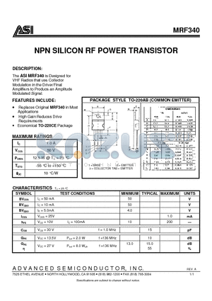 MRF340 datasheet - NPN SILICON RF POWER TRANSISTOR