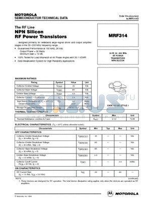 MRF314 datasheet - RF POWER TRANSISTORS NPN SILICON