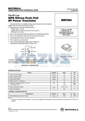 MRF393 datasheet - BROADBAND PUSH-PULL RF POWER TRANSISTOR NPN SILICON