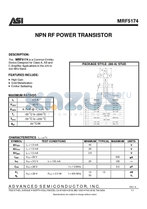 MRF5174 datasheet - NPN RF POWER TRANSISTOR