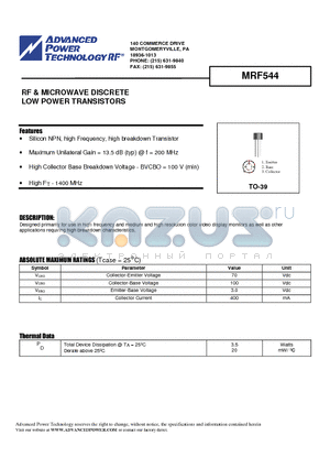 MRF544 datasheet - RF & MICROWAVE DISCRETE LOW POWER TRANSISTORS
