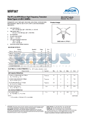MRF587 datasheet - The RF Line NPN Silicon High Frequency Transistor Noise Figure 3.0 dB@ 500MHz