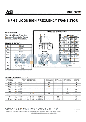 MRF5943C datasheet - NPN SILICON HIGH FREQUENCY TRANSISTOR