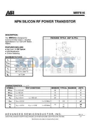 MRF616 datasheet - NPN SILICON RF POWER TRANSISTOR