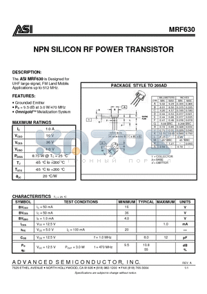 MRF630 datasheet - NPN SILICON RF POWER TRANSISTOR