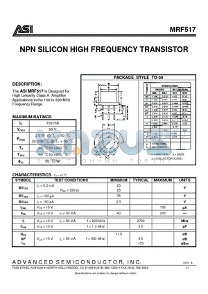 MRF517 datasheet - NPN SILICON HIGH FREQUENCY TRANSISTOR