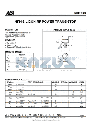 MRF604 datasheet - NPN SILICON RF POWER TRANSISTOR