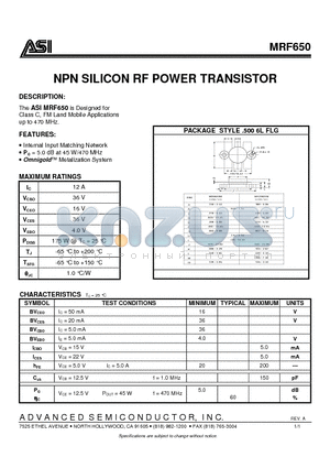 MRF650 datasheet - NPN SILICON RF POWER TRANSISTOR