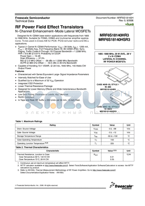 MRF6S18140HSR3 datasheet - RF Power Field Effect Transistors N-Channel Enhancement-Mode Lateral MOSFETs