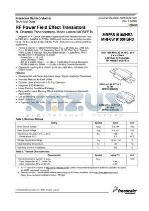 MRF6S19100HSR3 datasheet - RF Power Field Effect Transistors N-Channel Enhancement-Mode Lateral MOSFETs