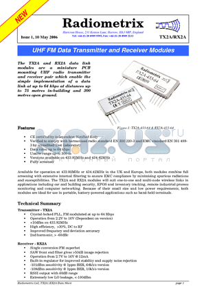 RX2A-433-10 datasheet - UHF FM Data Transmitter and Receiver Modules