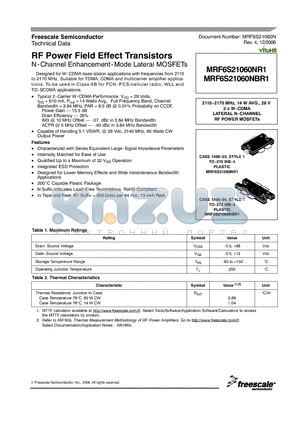 MRF6S21060NBR1 datasheet - RF Power Field Effect Transistors N-Channel Enhancement-Mode Lateral MOSFETs