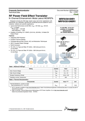 MRF6V2010NBR1 datasheet - RF Power Field Effect Transistor N-Channel Enhancement-Mode Lateral MOSFETs