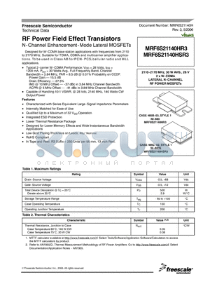 MRF6S21140HR3 datasheet - RF Power Field Effect Transistors N-Channel Enhancement-Mode Lateral MOSFETs