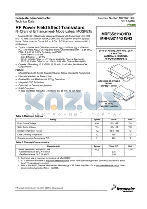 MRF6S21140HR3_07 datasheet - RF Power Field Effect Transistors N-Channel Enhancement-Mode Lateral MOSFETs