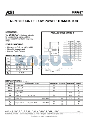 MRF837 datasheet - NPN SILICON RF LOW POWER TRANSISTOR