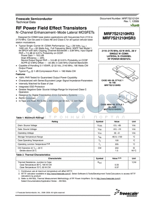 MRF7S21210HR3 datasheet - RF Power Field Effect Transistors N-Channel Enhancement-Mode Lateral MOSFETs