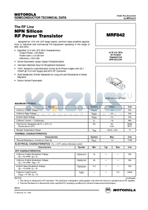 MRF842 datasheet - RF POWER TRANSISTOR NPN SILICON
