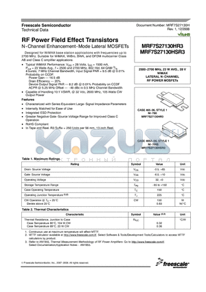 MRF7S27130HR3 datasheet - RF Power Field Effect Transistors N-Channel Enhancement-Mode Lateral MOSFETs