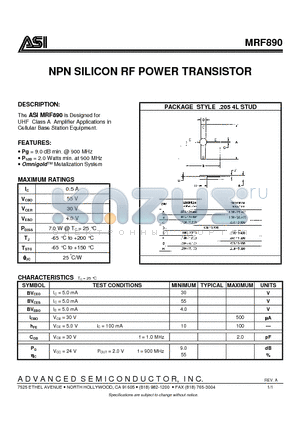 MRF890 datasheet - NPN SILICON RF POWER TRANSISTOR