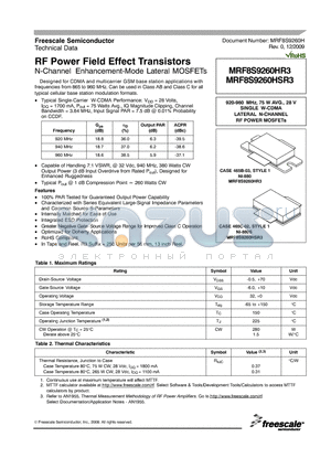 MRF8S9260HSR3 datasheet - RF Power Field Effect Transistors N-Channel Enhancement-Mode Lateral MOSFETs