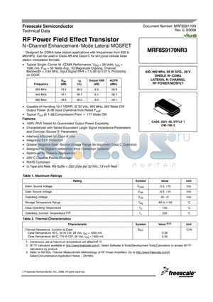 MRF8S9170NR3 datasheet - RF Power Field Effect Transistor N-Channel Enhancement-Mode Lateral MOSFET