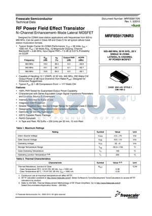 MRF8S9170NR3 datasheet - RF Power Field Effect Transistor N--Channel Enhancement--Mode Lateral MOSFET