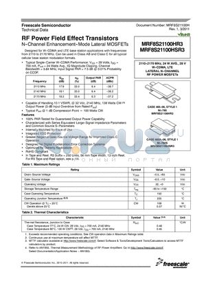 MRF8S21100HR3 datasheet - RF Power Field Effect Transistors N--Channel Enhancement--Mode Lateral MOSFETs