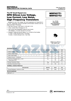 MRF927T3 datasheet - LOW NOISE HIGH FREQUENCY TRANSISTOR