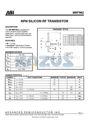 MRF962 datasheet - NPN SILICON RF TRANSISTOR