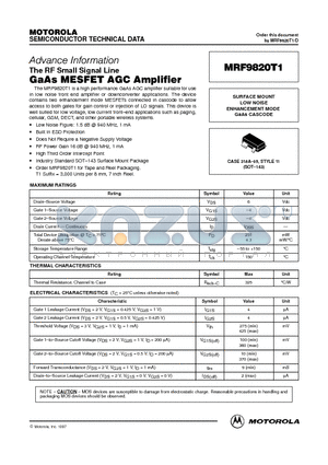 MRF9820T1 datasheet - SURFACE MOUNT LOW NOISE ENHANCEMENT MODE GaAs CASCODE