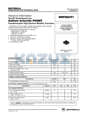 MRF9822T1 datasheet - HIGH FREQUENCY POWER TRANSISTOR GaAs PHEMT