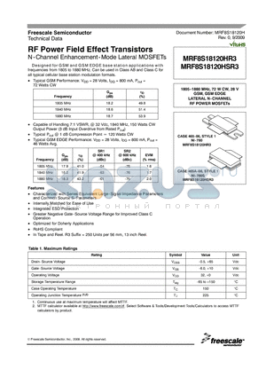 MRF8S18120HR3 datasheet - RF Power Field Effect Transistors N-Channel Enhancement-Mode Lateral MOSFETs