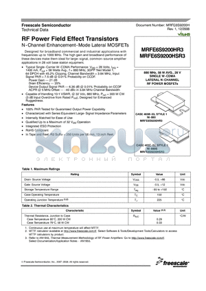 MRFE6S9200HR3 datasheet - RF Power Field Effect Transistors N-Channel Enhancement-Mode Lateral MOSFETs