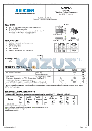 SZMD12C datasheet - Transient Voltage Suppressors for ESD Protection