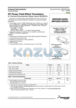 MRFE6S9130HR3_08 datasheet - RF Power Field Effect Transistors N-Channel Enhancement-Mode Lateral MOSFETs
