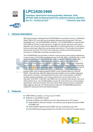 LPC2420FET208 datasheet - Flashless 16-bit/32-bit microcontroller; Ethernet, CAN, ISP/IAP, USB 2.0 device/host/OTG, external memory interface