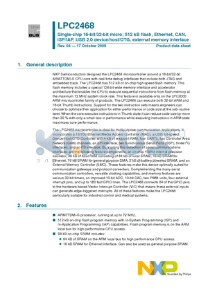 LPC2468_08 datasheet - Single-chip 16-bit/32-bit micro; 512 kB flash, Ethernet, CAN, ISP/IAP, USB 2.0 device/host/OTG, external memory interface