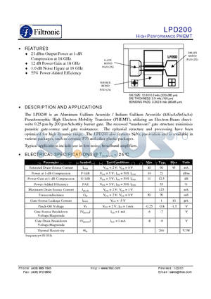 LPD200 datasheet - HIGH PERFORMANCE PHEMT