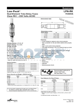 LPN-RK-70SP datasheet - Dual-Element Time-Delay Fuses Class RK1-250 Volts AC/DC