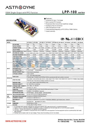 LPP-100-15 datasheet - 100W Single Output with PFC Function