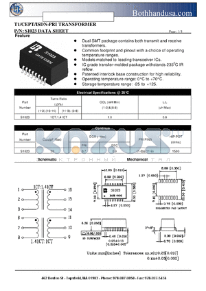 S1023 datasheet - T1/CEPT/ISDN-PRI TRANSFORMER