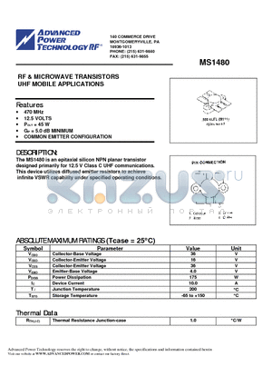 MS1480 datasheet - RF & MICROWAVE TRANSISTORS UHF MOBILE APPLICATIONS