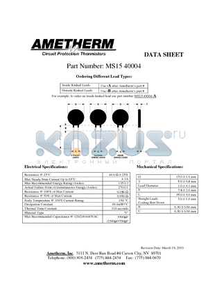 MS1540004-A datasheet - Circuit Protection Thermistors
