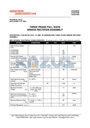 S10A310HE datasheet - THREE PHASE FULL WAVE BRIDGE RECTIFIER ASSEMBLY