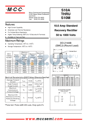 S10M datasheet - 10.0 Amp Standard Recovery Rectifier 50 to 1000 Volts