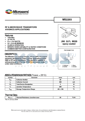 MS2203 datasheet - RF & MICROWAVE TRANSISTORS AVIONICS APPLICATIONS